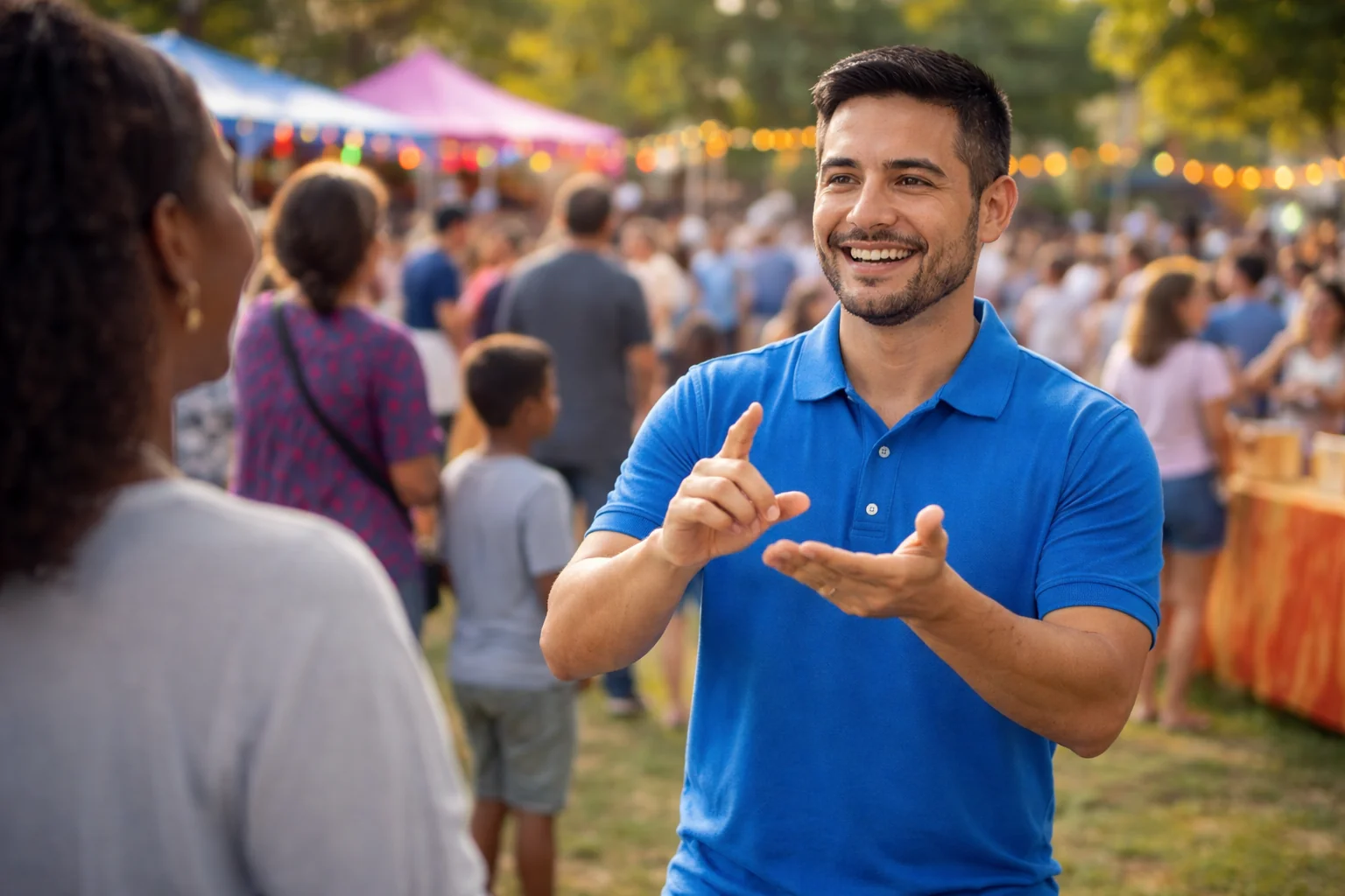 Diverse group communicating with sign language at a community event
