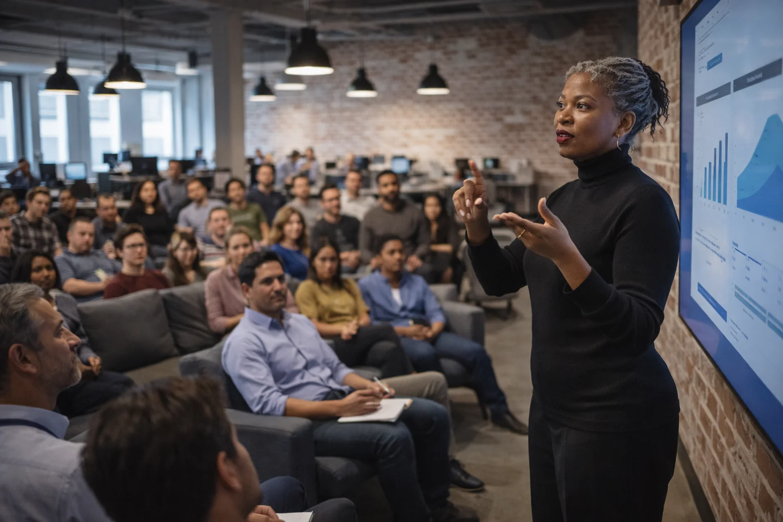 Interpreter working a corporate all-hands meeting in front of a large audience