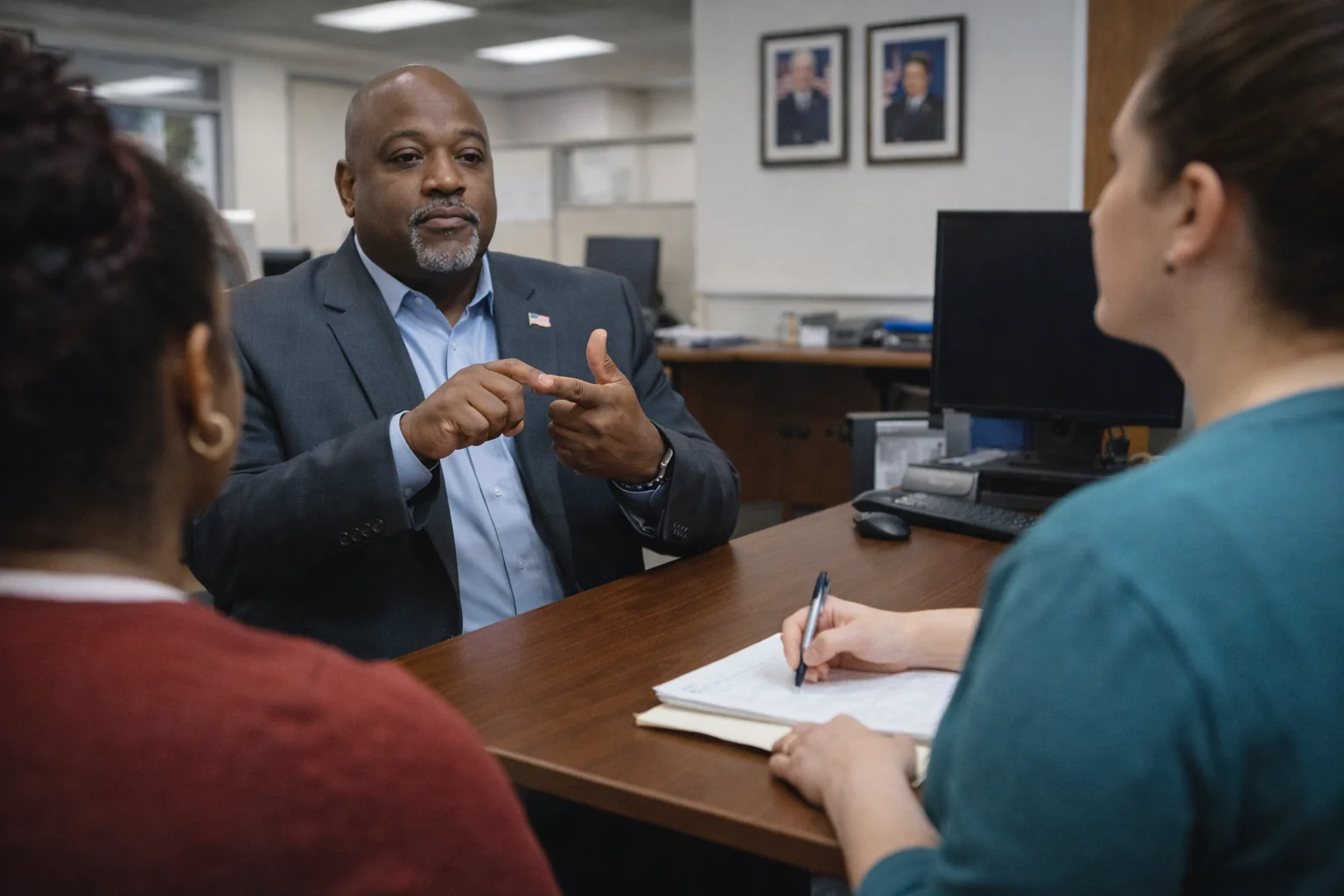 Interpreter working with staff at a government agency service counter