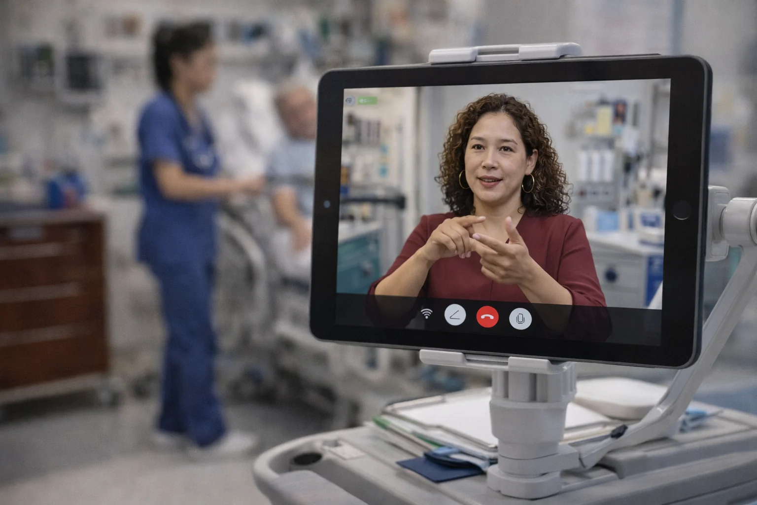 Video remote interpreter on tablet screen in emergency department setting