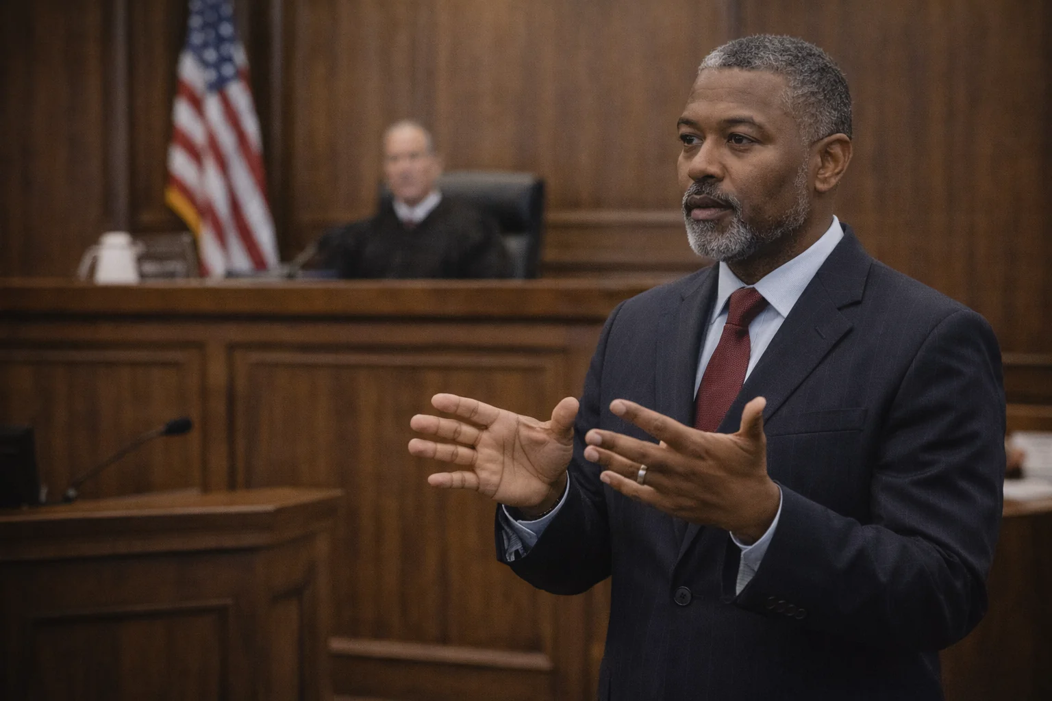 ASL interpreter in formal courtroom near witness stand