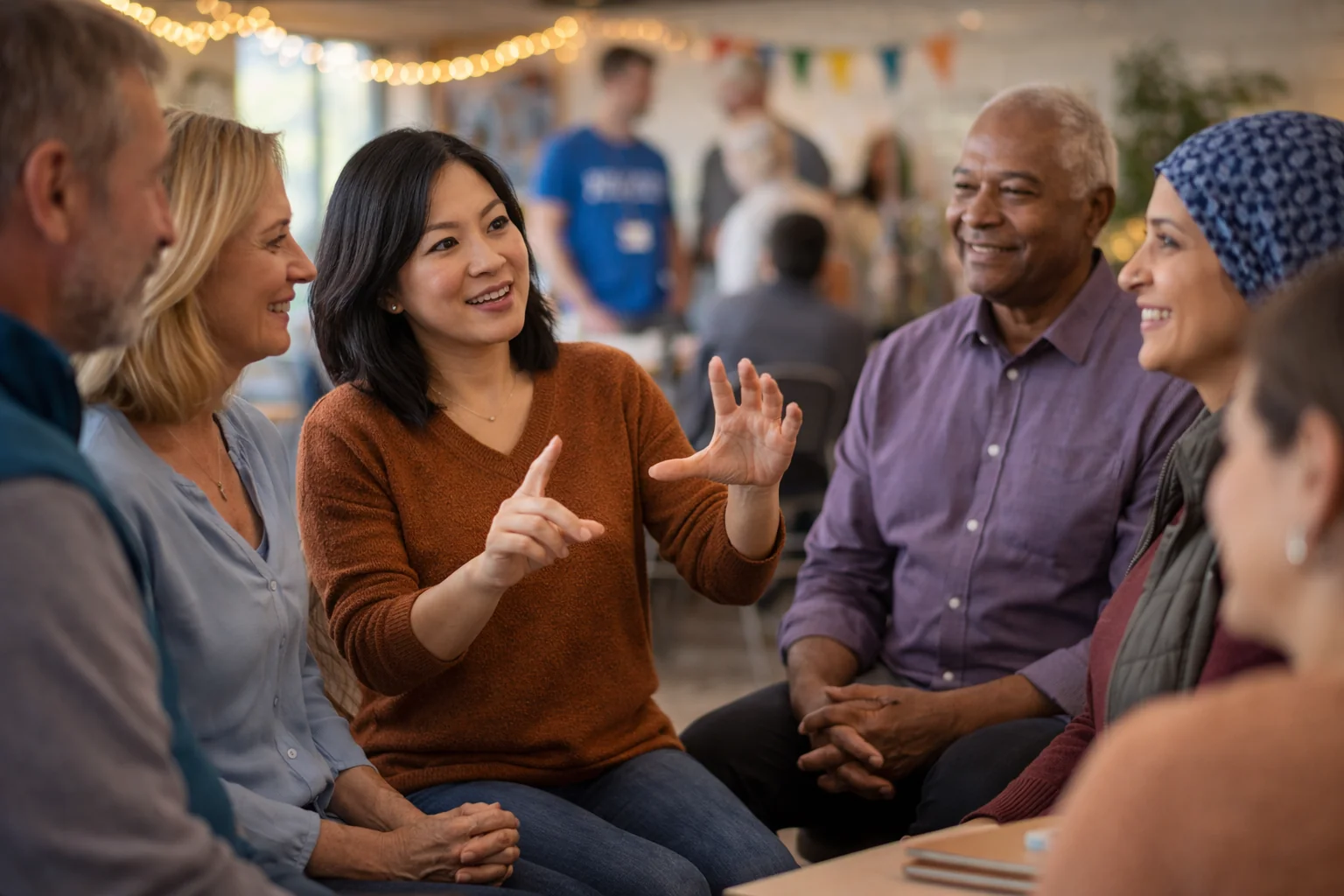 Support group seated in a circle with a sign language interpreter facilitating communication