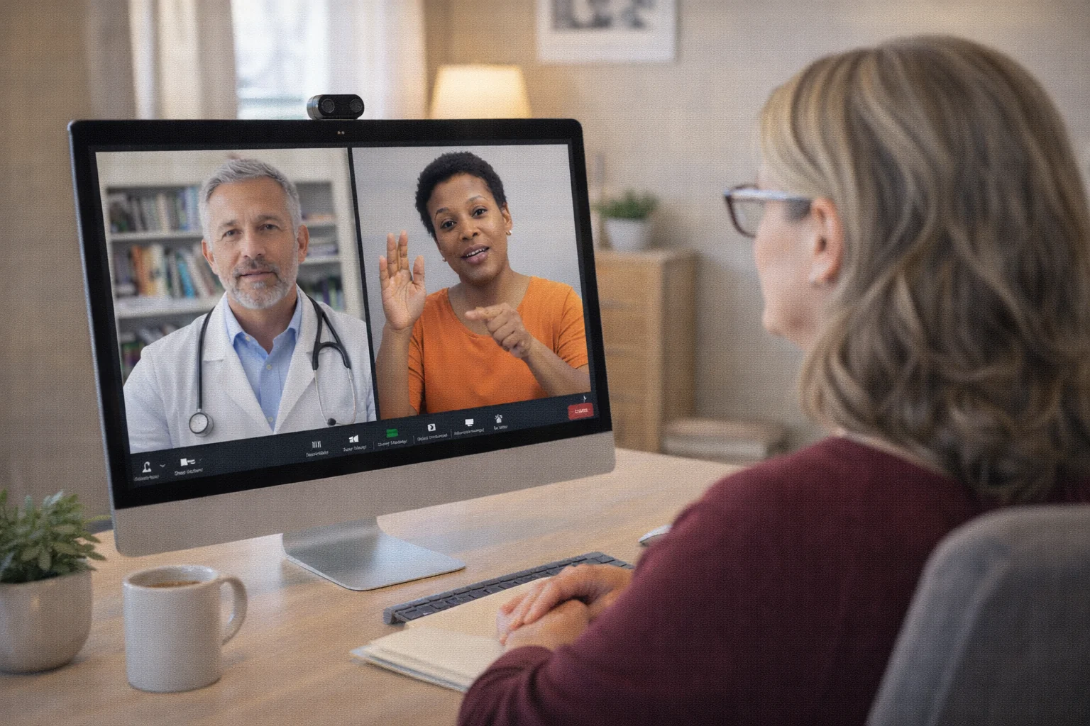 Client in a private teletherapy session with an interpreter on screen