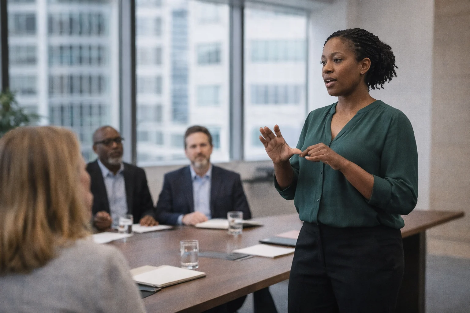 Interpreter presenting to a team during a workplace meeting