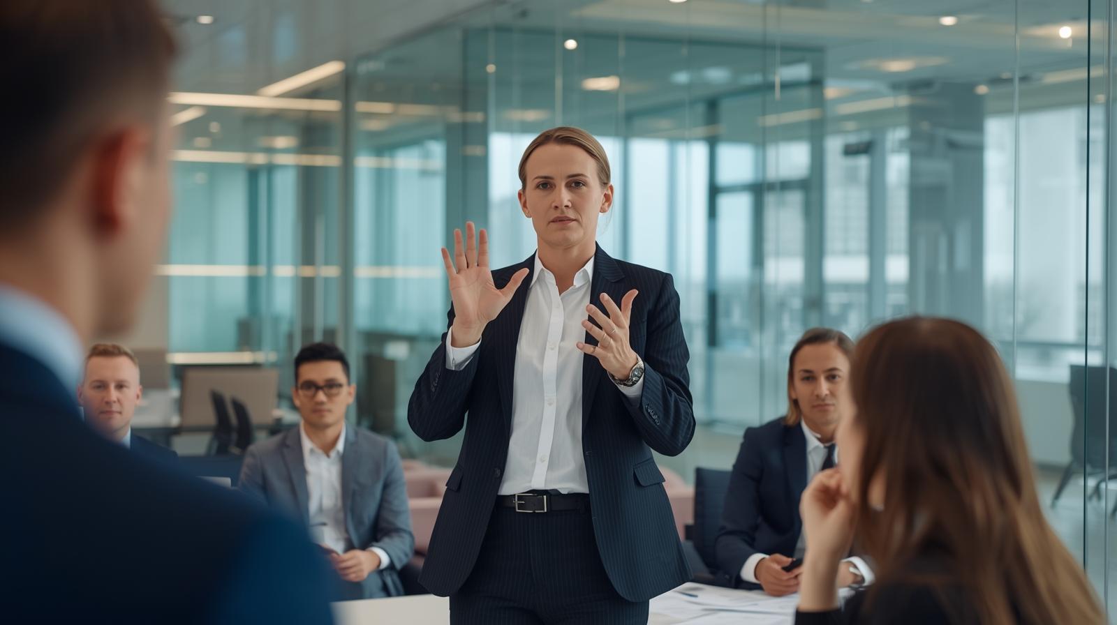 Professional ASL interpreter providing sign language services in a Columbia Maryland corporate setting