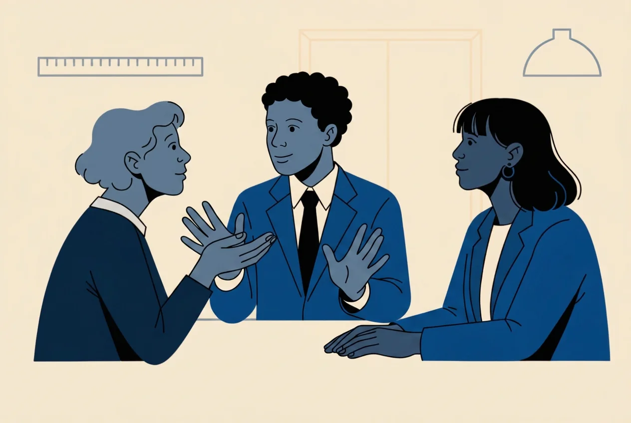 Editorial illustration of three professionals in warm conversation around a table
