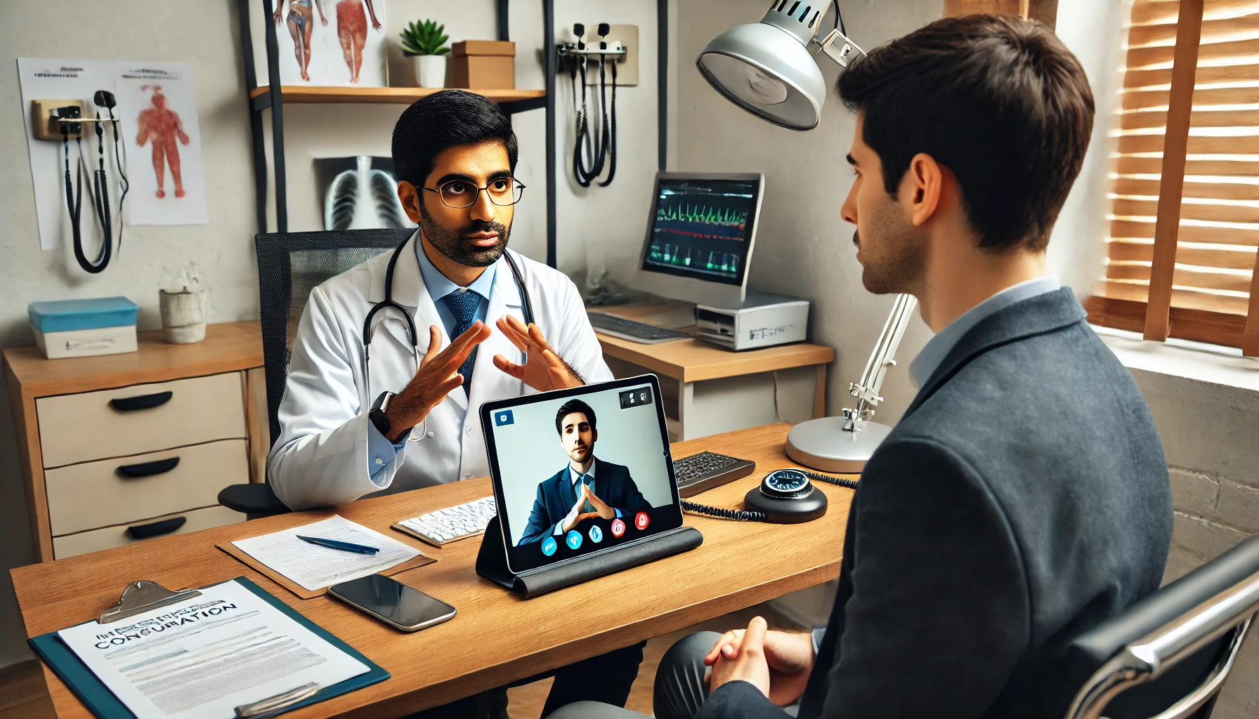 Indian doctor and Deaf patient using video remote interpreting services on a tablet during a medical consultation.